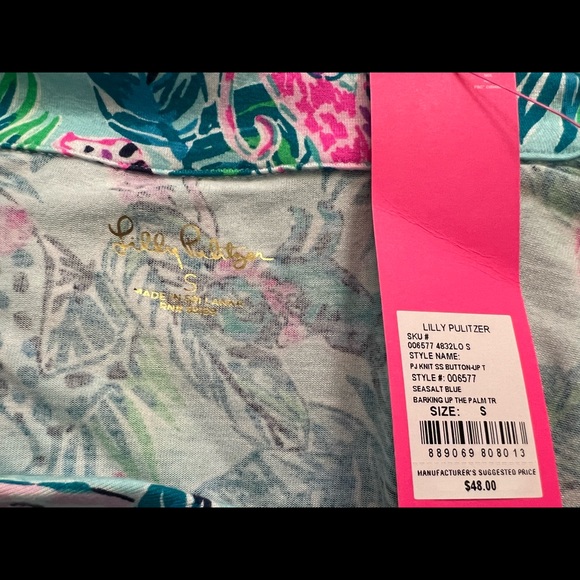 Lilly Pulitzer PJ Knit SS Button-Up Top Sea Salt Blue Barking Up the Palm Tree - Picture 4 of 8
